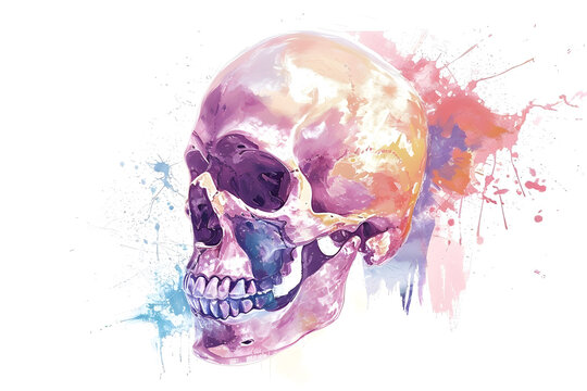 Soft pastel detailed human skull in watercolor style isolated on white background