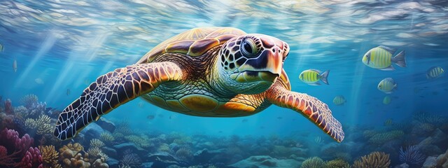Fototapeta premium a green sea turtle in a beautiful blue ocean. turquoise water color. background wallpaper 