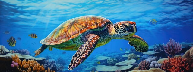 Obraz premium a green sea turtle in a beautiful blue ocean. turquoise water color. background wallpaper 