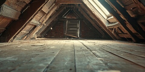A picture of an attic with a wooden floor and a window. Suitable for home improvement or real estate themes
