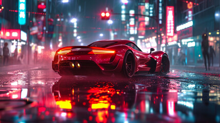 A sleek sports car, illuminated by city lights, reflecting on wet pavement. Vibrant, urban, nighttime, cinematic, digital. 