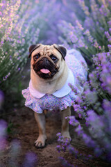 Portrait of a pug in a cute dress in a blooming lavender field. The puppy looks carefully at the camera.