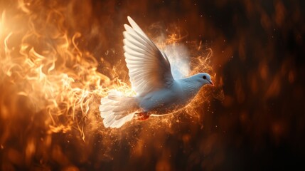 Symbol of Peace: Flying White Dove with Fire Effect on Dark Background - AI Generated
