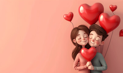 Happy young couple with heart-shaped balloons on color background in cartoon style. Valentine day