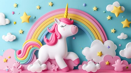 Abstract 3D Unicorn and Rainbow on Clouds - Cute Unicorn Background - AI Generated