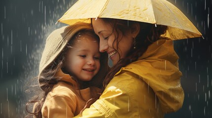 Mom and child in the rainy weather. health care