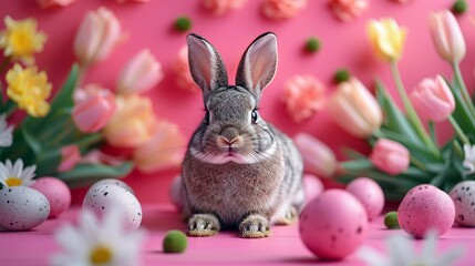 Fototapeta na wymiar Holiday Celebration with Bunny and Easter Flowers - AI Generated