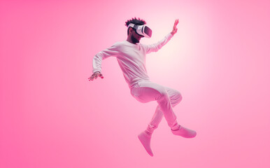 Fototapeta na wymiar Fashionable young adult in a full white ensemble captured in a dynamic pose while wearing a VR headset against a pink background