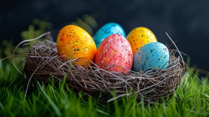 Naklejka na ściany i meble Colorful Easter Eggs on Straw Background - AI Generated