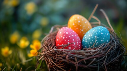 Fototapeta na wymiar Colorful Easter Eggs on Straw Background - AI Generated