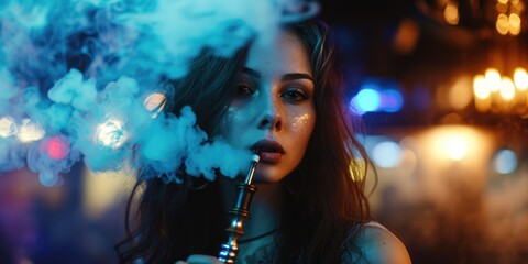 A woman is pictured smoking a cigarette in a dark room. This image can be used to depict addiction, relaxation, or a mysterious atmosphere