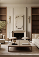 Refined living room with a minimalist vibe, showcasing statement artwork above the fireplace and luxurious wood finishes
