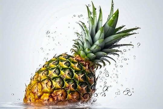 Tropische Frucht, Ananas fällt ins Wasser, freigestellt vor neutralem Hintergrund, Generative AI