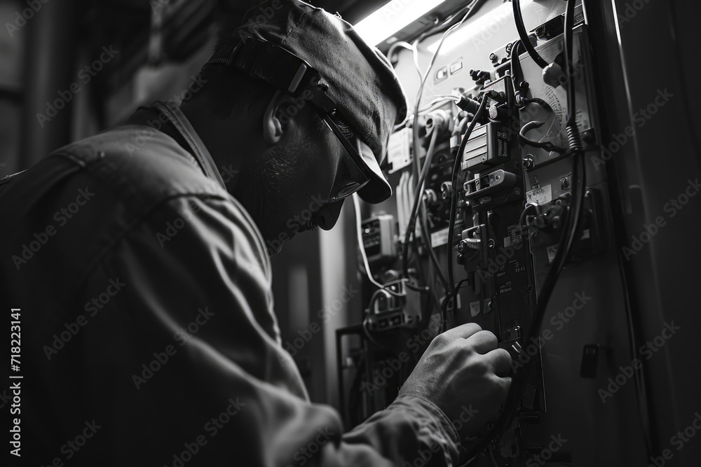 Canvas Prints a man wearing a hard hat is seen working on an electrical panel. this image can be used to depict el