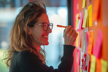 Cheerful strategist using colorful notes to organize thoughts and strategies on a transparent planning board
