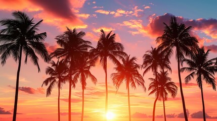 A beautiful view of a group of palm trees on a beach at sunset. Perfect for travel and vacation related projects