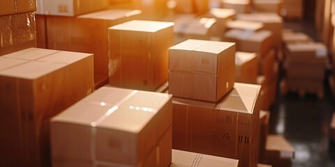 Fototapeta premium A room filled with lots of boxes stacked on top of each other. This image can be used to depict storage, organization, moving, or a cluttered space