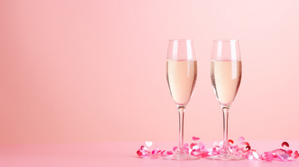Two glasses of champagne on the table and pink background
