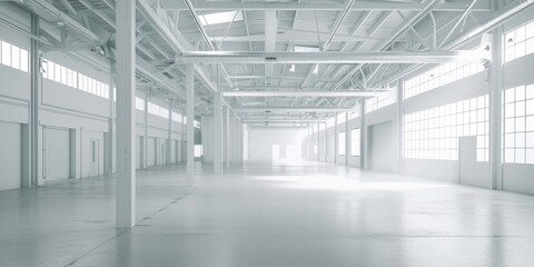 An expansive warehouse with numerous windows, providing ample natural light. Ideal for industrial, commercial, or architectural concepts
