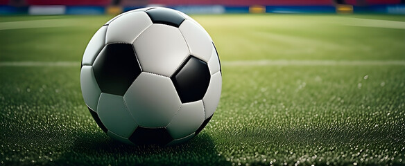 Closeup on a soccer ball in the green field of stadium in 3d render style. Banner format. Copy space. Perfect for advertisement.