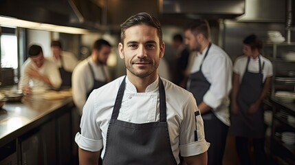 Portrait of chef standing with his team on background in kitchen at restaurant. Banner restaurant, food - obrazy, fototapety, plakaty