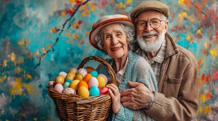 Fototapeta na wymiar Satisfied Old Couple Hugging and Holding Easter Eggs - AI Generated