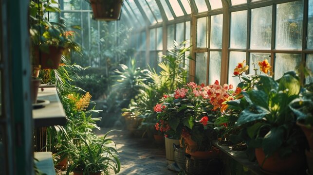 A greenhouse filled with lots of potted plants. This image can be used to showcase a variety of indoor gardening or horticulture concepts