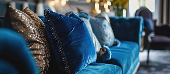 A close-up of the blue-toned pillows and a fragment of a velvet sofa offers a glimpse into the luxurious ambiance of the room. #stylishinteriors