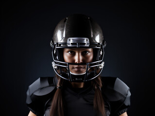 female american football player with helm on black studio
