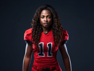 female american football player on black studio