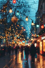 A group of people walking down a street illuminated by colorful Christmas lights. This image can be used to depict a festive holiday atmosphere or a joyful community gathering.