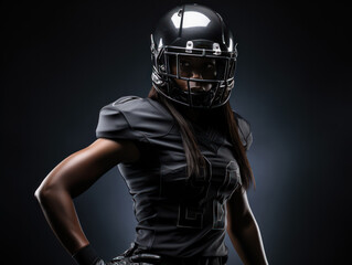 female american football player with helm on black studio