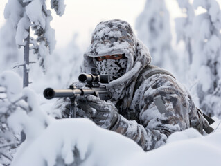 Naklejka premium war soldiers hiding carrying weapons on winter