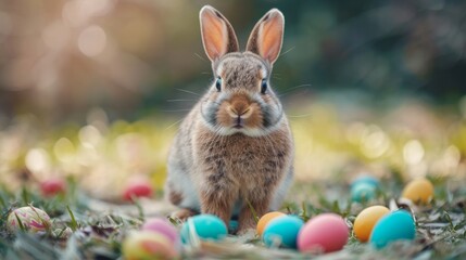 Adorable Easter Bunny with Colorful Easter Eggs - AI Generated