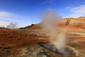 Hverarönd is a hydrothermal site in Iceland with hot springs, fumaroles, mud ponds and very active solfatares. It is located in the north of Iceland