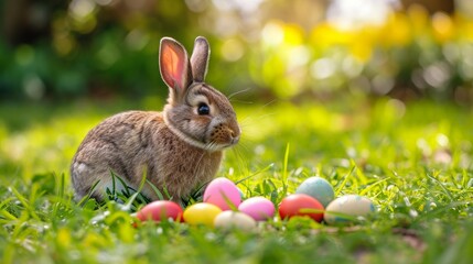 Fototapeta na wymiar Adorable Easter Bunny with Colorful Easter Eggs - AI Generated