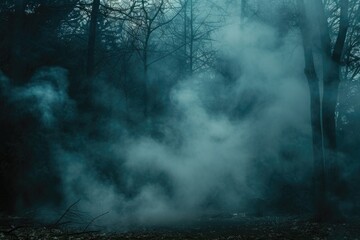 A forest filled with smoke and trees. Perfect for creating a mysterious and atmospheric setting. Ideal for use in environmental campaigns or for adding an eerie touch to Halloween-themed projects
