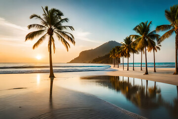 Fototapeta na wymiar Beach with palm trees and sea. Generative AI