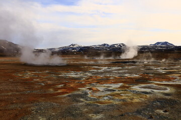 Hverarönd is a hydrothermal site in Iceland with hot springs, fumaroles, mud ponds and very active solfatares. It is located in the north of Iceland