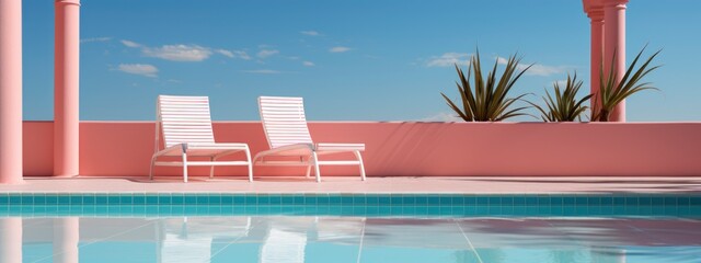 Stylish modern summer view. two chairs by the pool in lea and pink colors. relax, spa and vacation concept. copy space. banner. banner - obrazy, fototapety, plakaty