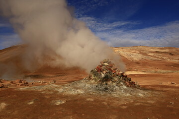 Hverarönd is a hydrothermal site in Iceland with hot springs, fumaroles, mud ponds and very active solfatares. It is located in the north of Iceland