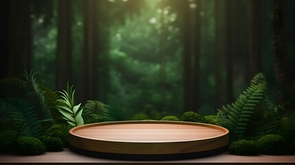 blank circle podium for product presentation wood forest background