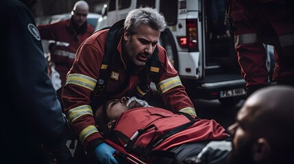 Brave firefighters provide urgent medical care during a nighttime emergency operation