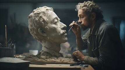Sculptor in studio perfecting a clay bust with artistic precision