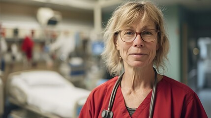 Committed female healthcare professional standing in a hospital ward