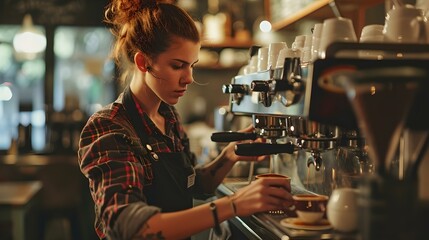 Focused barista preparing coffee in a cozy cafe environment