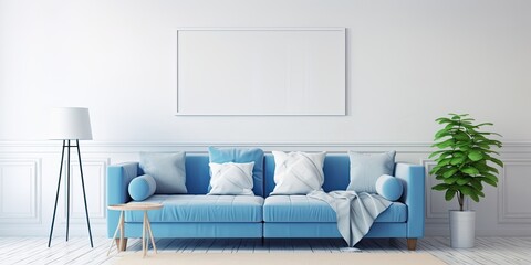Cozy apartment with blue sofa decorated in simple, white style.