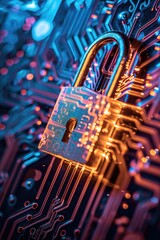 A close up view of a circuit board with a padlock. This image can be used to represent security, technology, or data protection