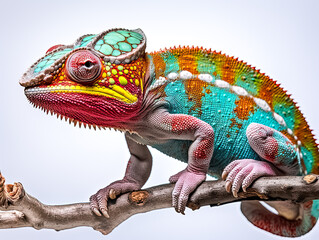 Obraz premium Pantherchamäleon (Furcifer pardalis), freigestellt vor neutralem Hintergrund, Generative AI