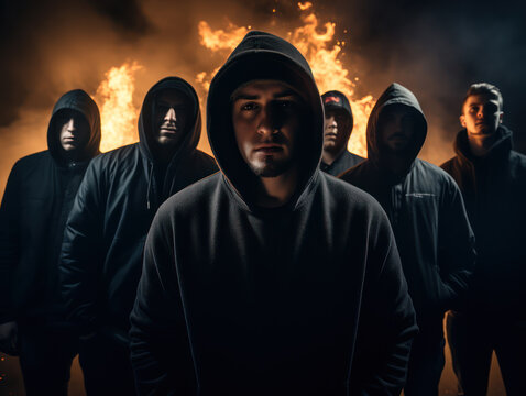 Group of rebels wearing black hoodies creating riots against the backdrop of a fire